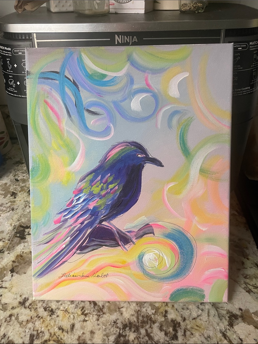 Colorful Abstract Bird Canvas Art - hand painted, signed, with COA
